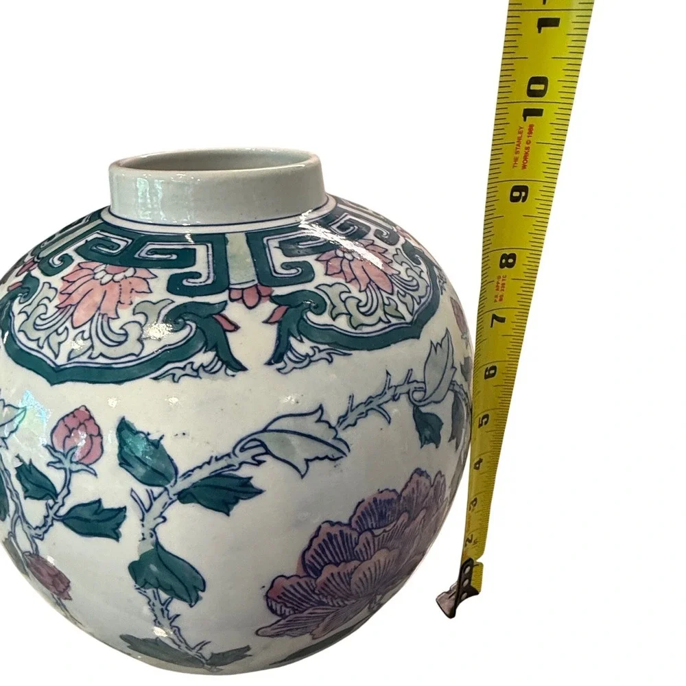 Vintage Chinoiserie Floral Ceramic Ginger Jar Vase Pink Teal Peony‎ 9 Inch